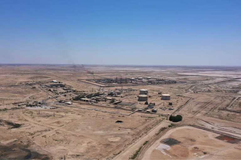 A drone view shows the Rumaila oil field in Basra, Iraq