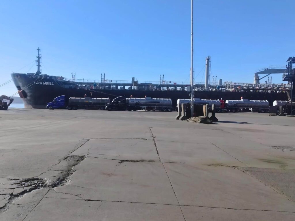 Fuel trucks line up at Mexico's Port of Guaymas to offload diesel from the tanker Torm Agnes in late March 2025. The exporter of that cargo, Ikon Midstream, is under investigation in Mexico in connection with cartel-linked fuel smuggling