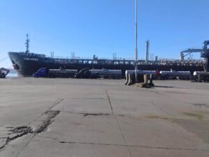 Fuel trucks line up at Mexico's Port of Guaymas to offload diesel from the tanker Torm Agnes in late March 2025. The exporter of that cargo, Ikon Midstream, is under investigation in Mexico in connection with cartel-linked fuel smuggling